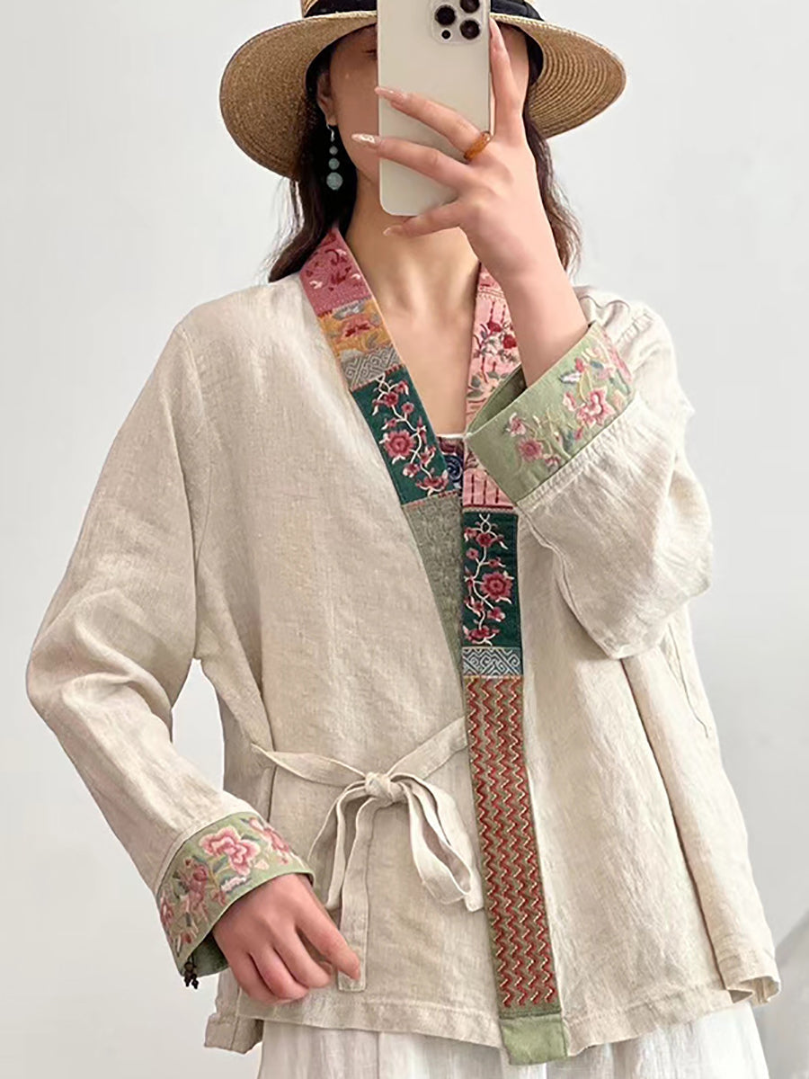 Women Ethnic Embroidery Spring Spliced Drawstring Shirt