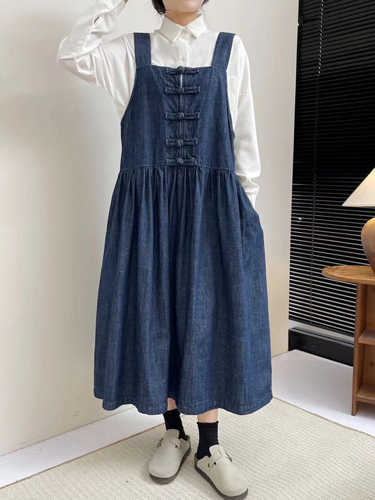 Women Spring Vintage Buckle Denim Vest Dress