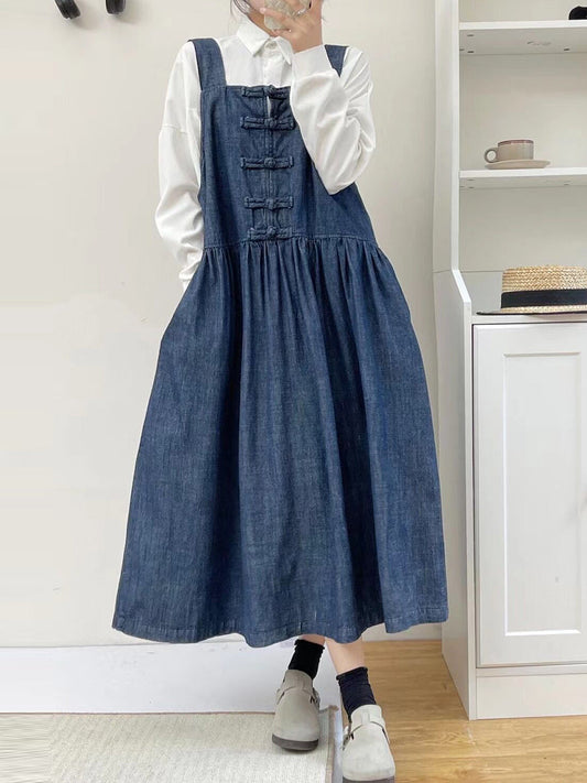 Women Spring Vintage Buckle Denim Vest Dress