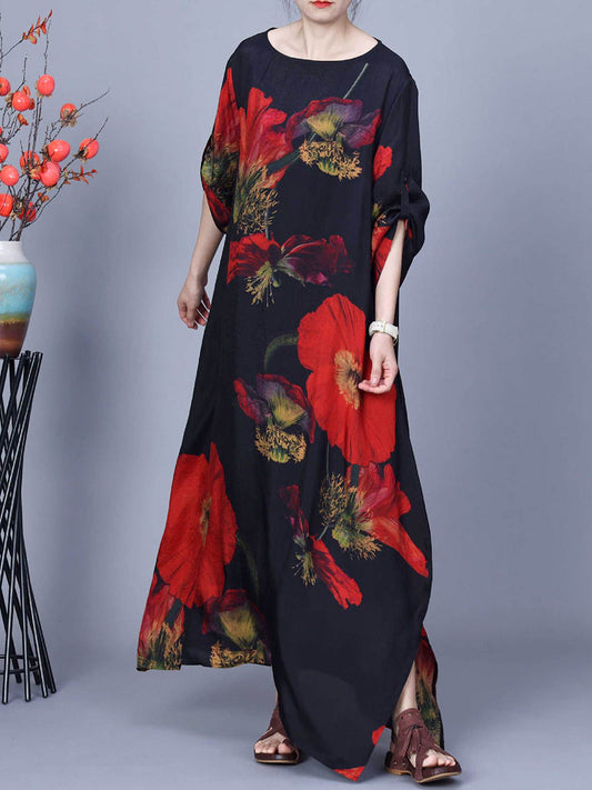 Women Spring Vintage Flower Print Loose Dress