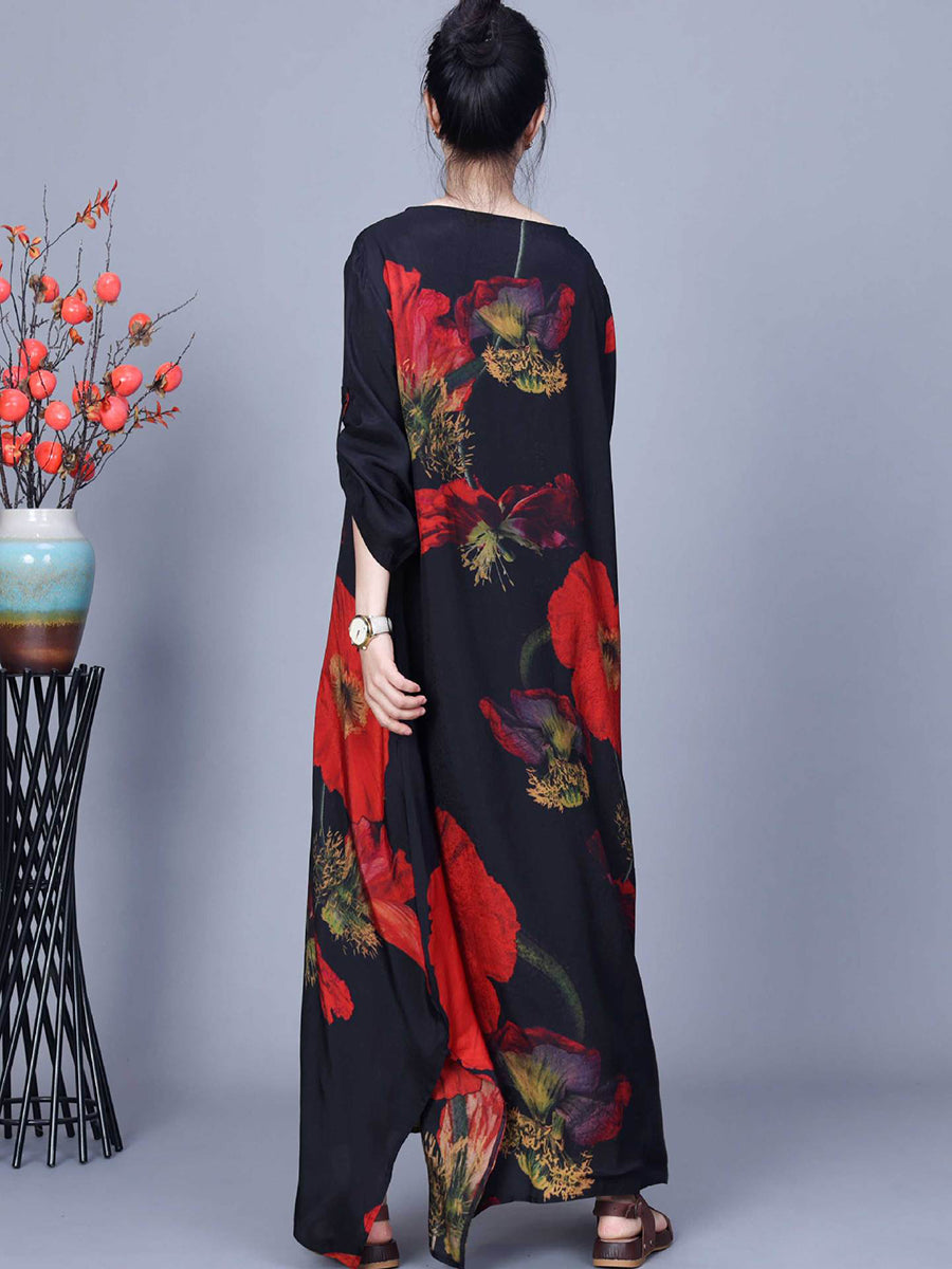 Women Spring Vintage Flower Print Loose Dress