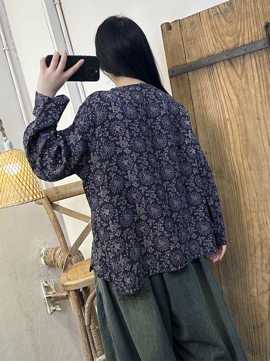 Women Vintage Spring Flower Patch Spliced Shirt