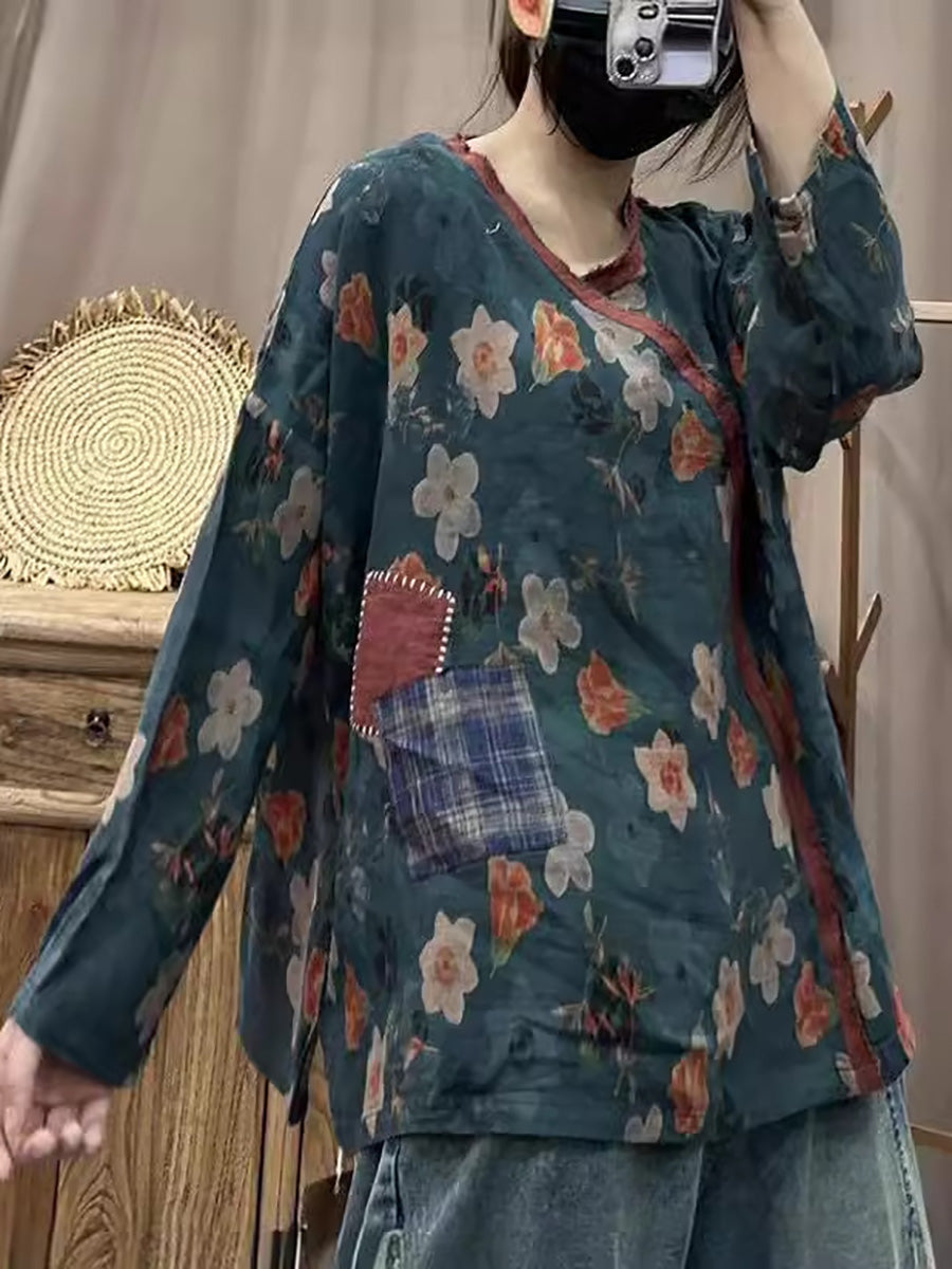 Women Vintage Spring Floral Spliced V-Neck Shirt