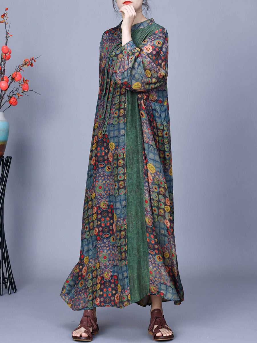 Women Spring Vintage Irregular Spliced Drawstring Dress