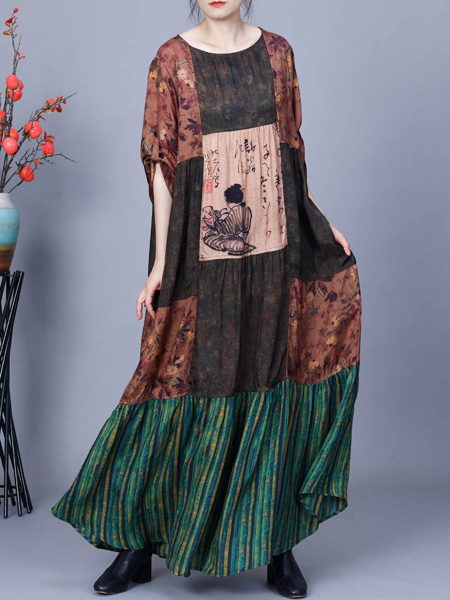 Women Vintage Spring Spliced Loose Dress