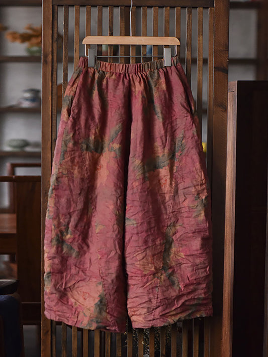 Women Vintage Floral Worn Spring Linen Wide-leg Pants
