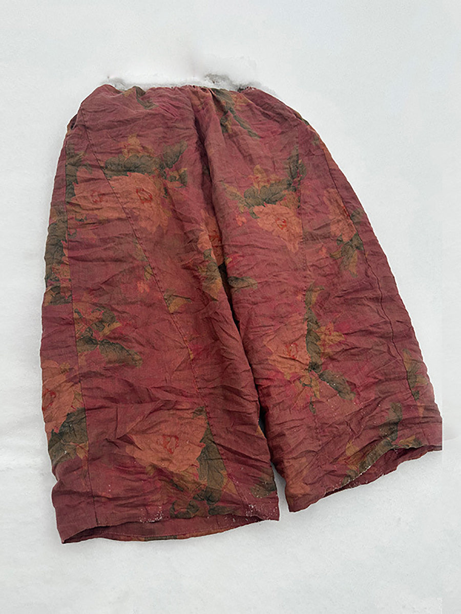 Women Vintage Floral Worn Spring Linen Wide-leg Pants