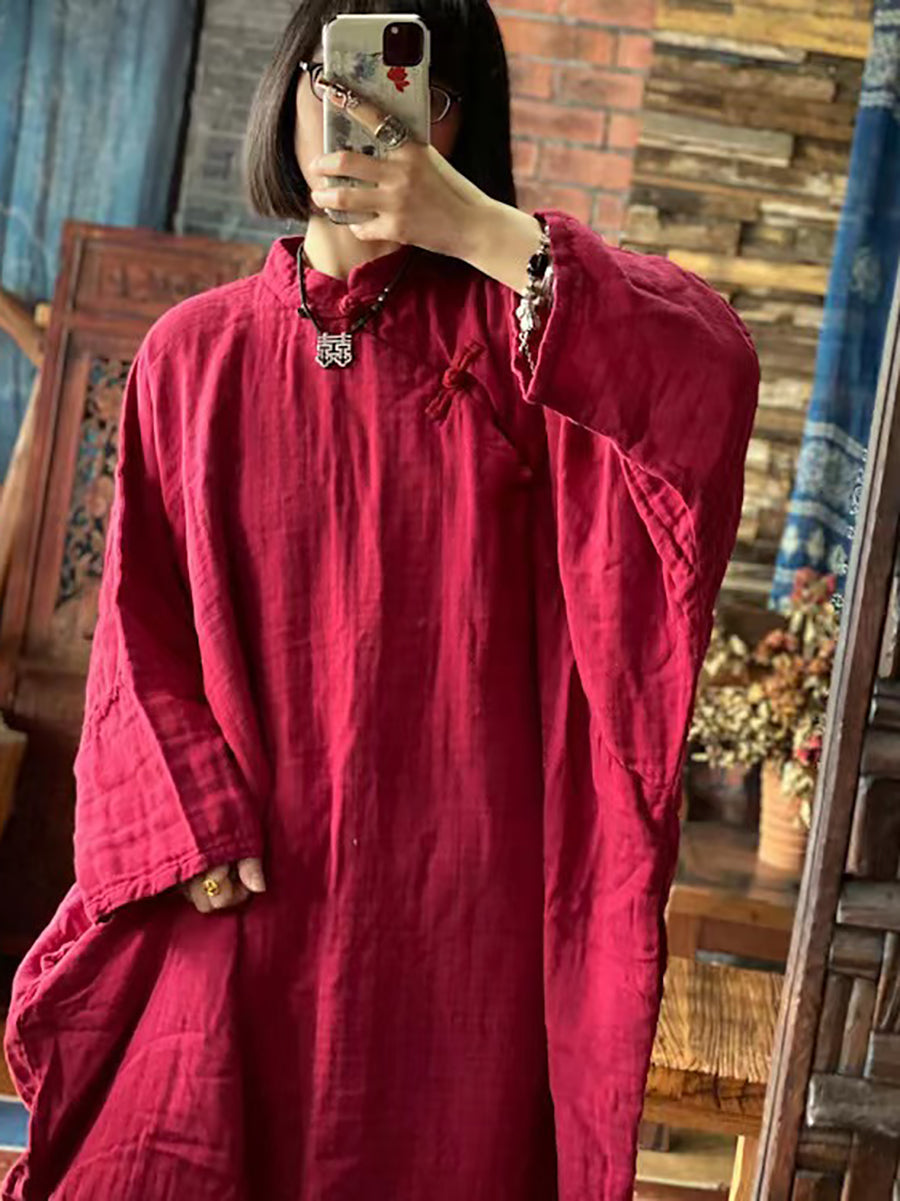 Women Vintage Red Washed Cotton Robe Dress