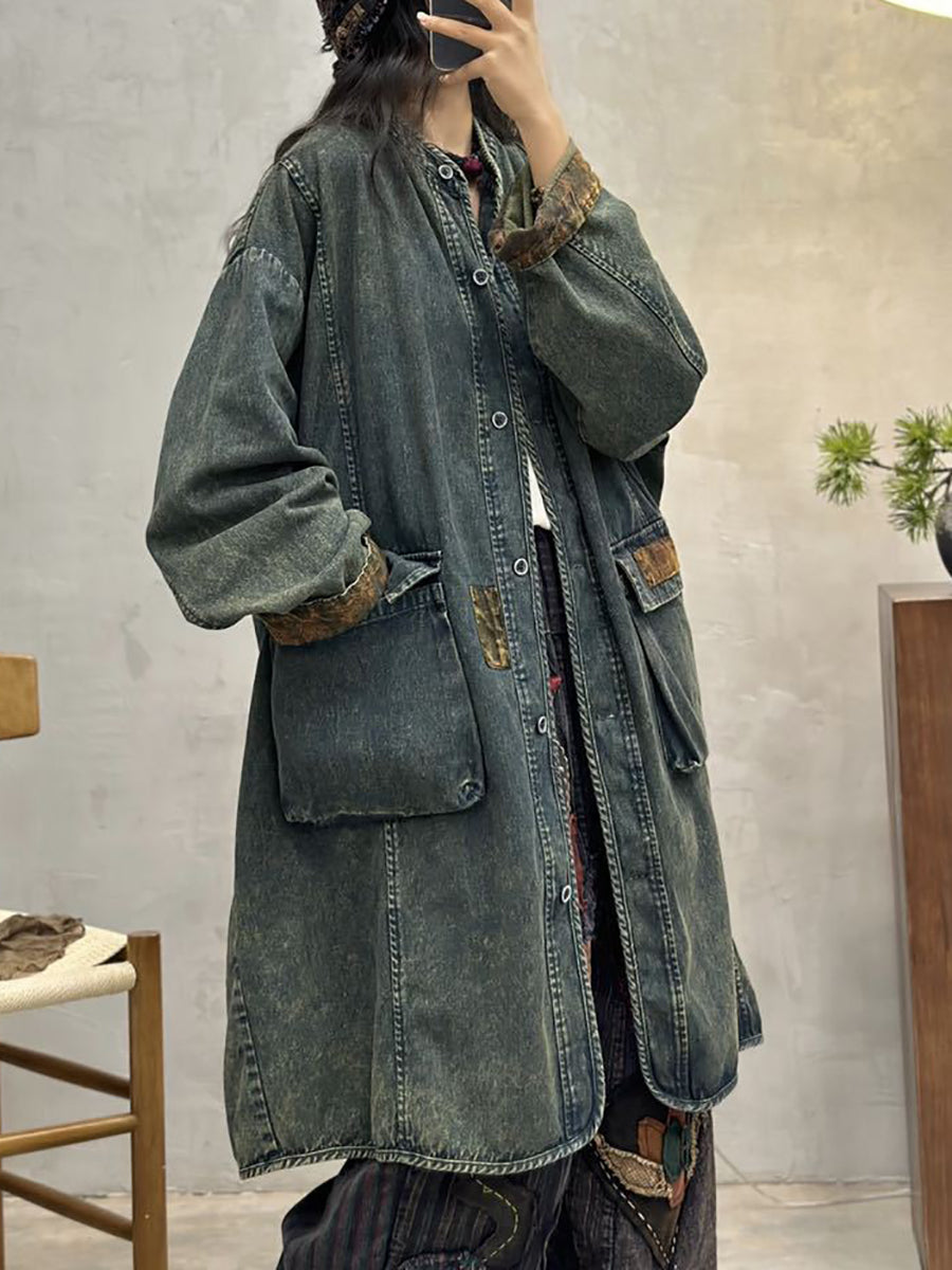 Women Spring Vintage Spliced Denim Long Coat