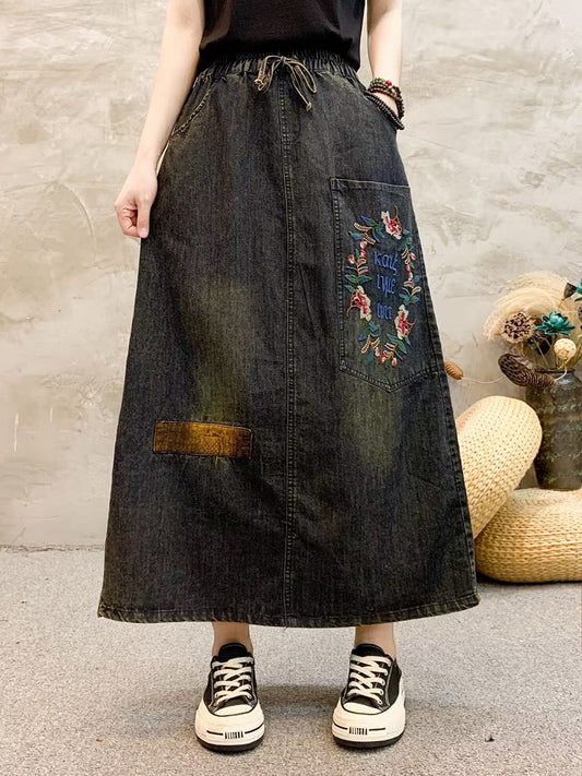 Women Retro Flower Embroidery Denim Skirt