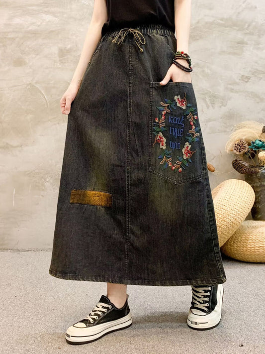 Women Retro Flower Embroidery Denim Skirt