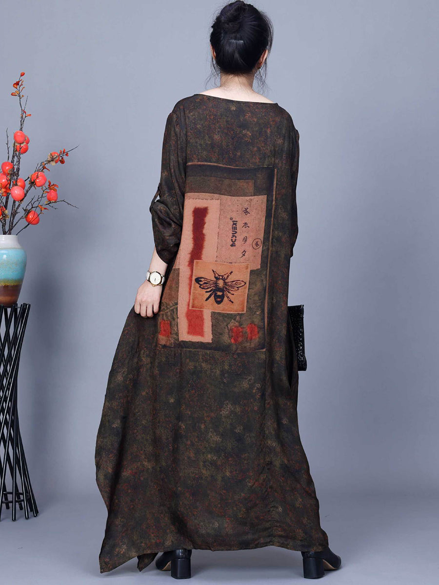 Women Spring Vintage Spliced Print Loose Dress
