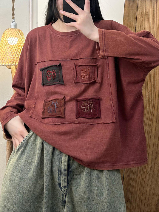 Women Spring Patch Spliced Embroidery Cotton Shirt