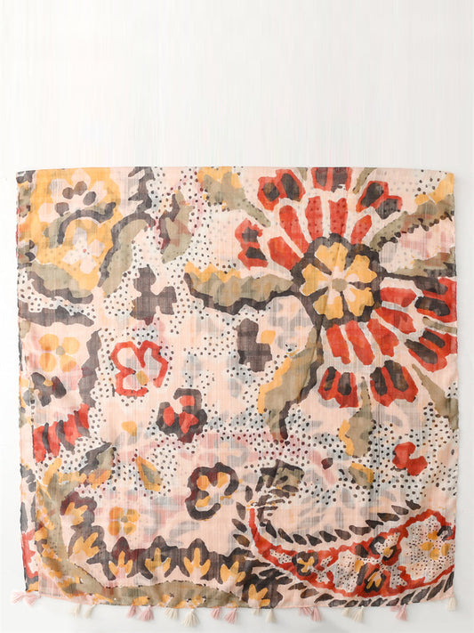 Women Artsy Leopard Flower Print Tassel Scarf