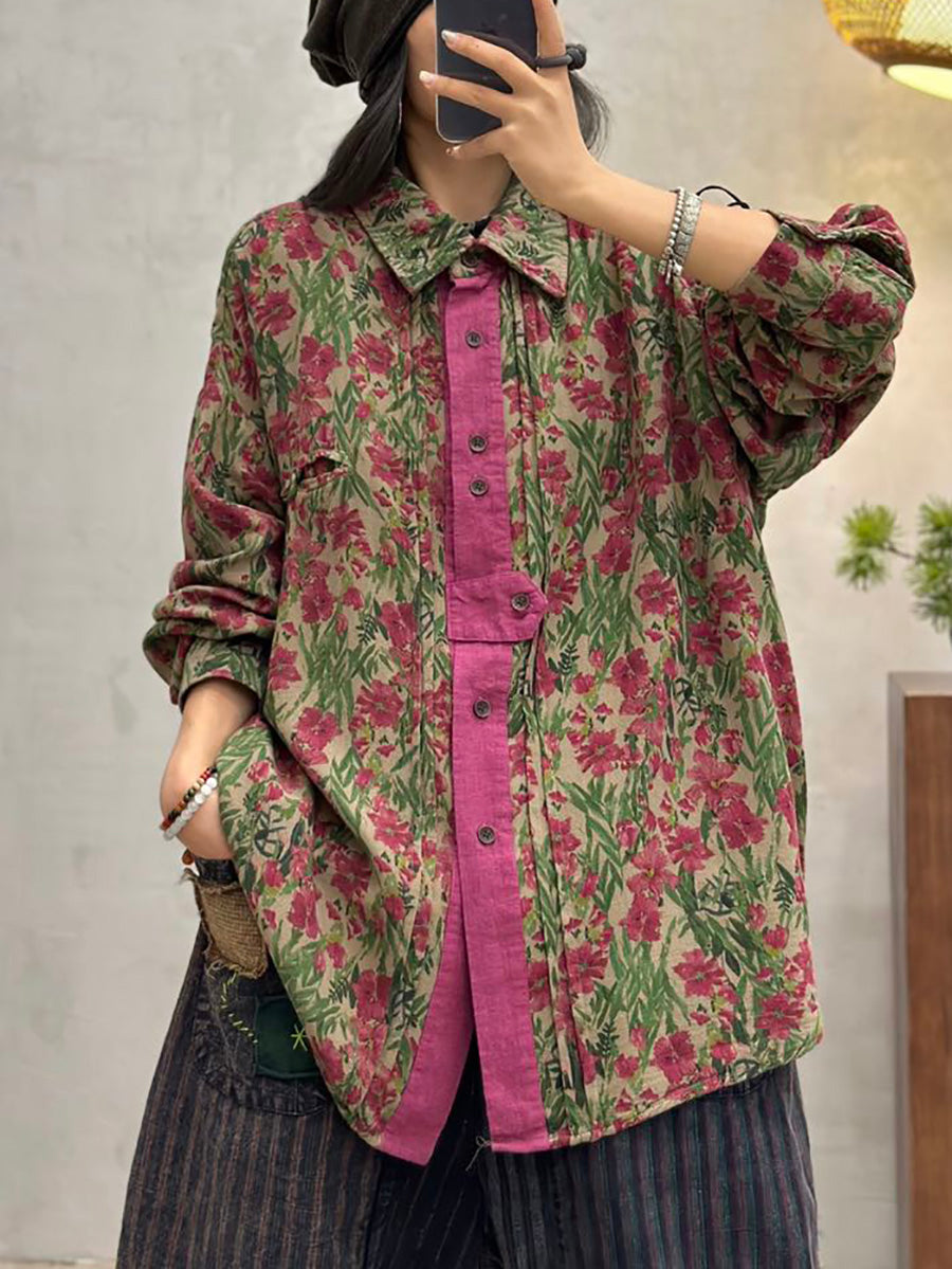 Women Spring Vintage Floral Cotton Long Sleeve Shirt