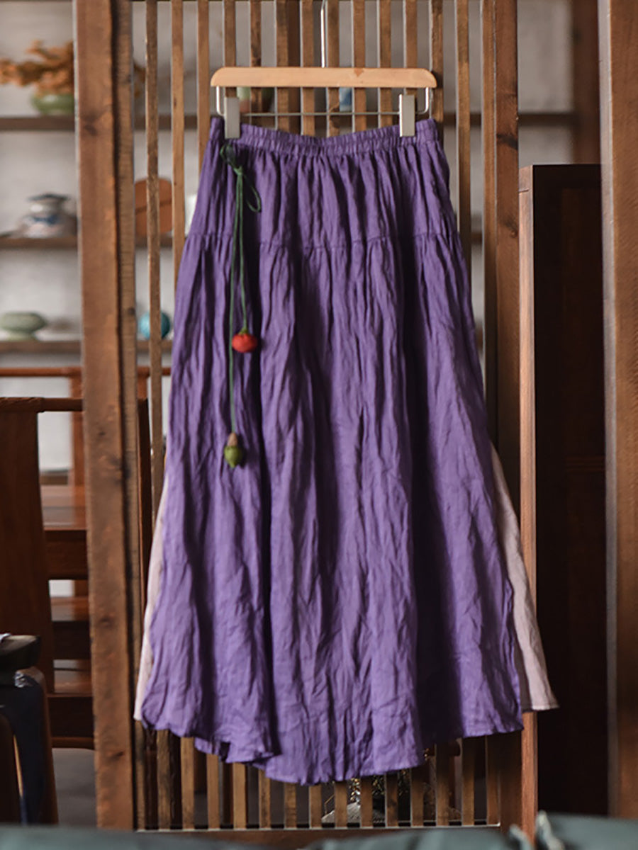 Women Retro Summer Wrinkled Solid Dual-layer Ramie Skirt
