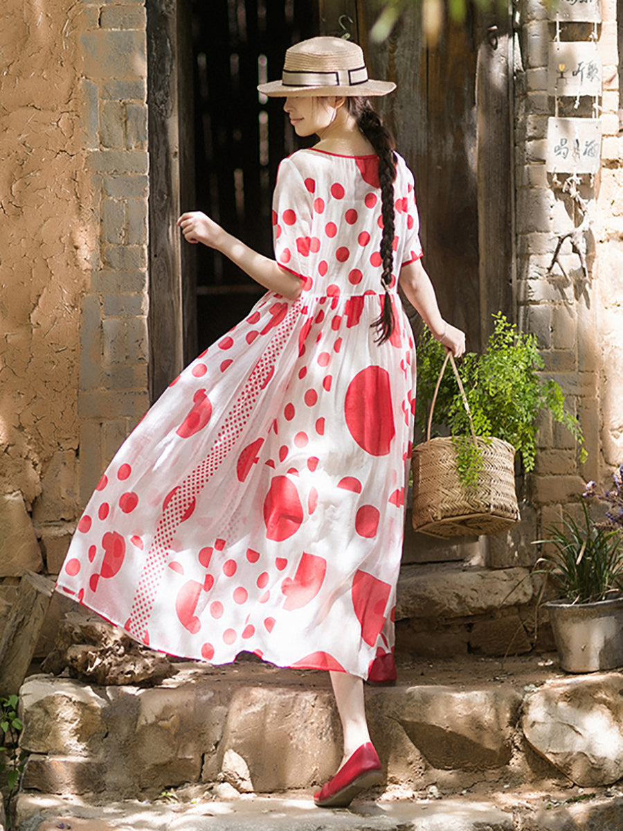 Women Summer Irregular Red Dot Drawstring Loose Dress