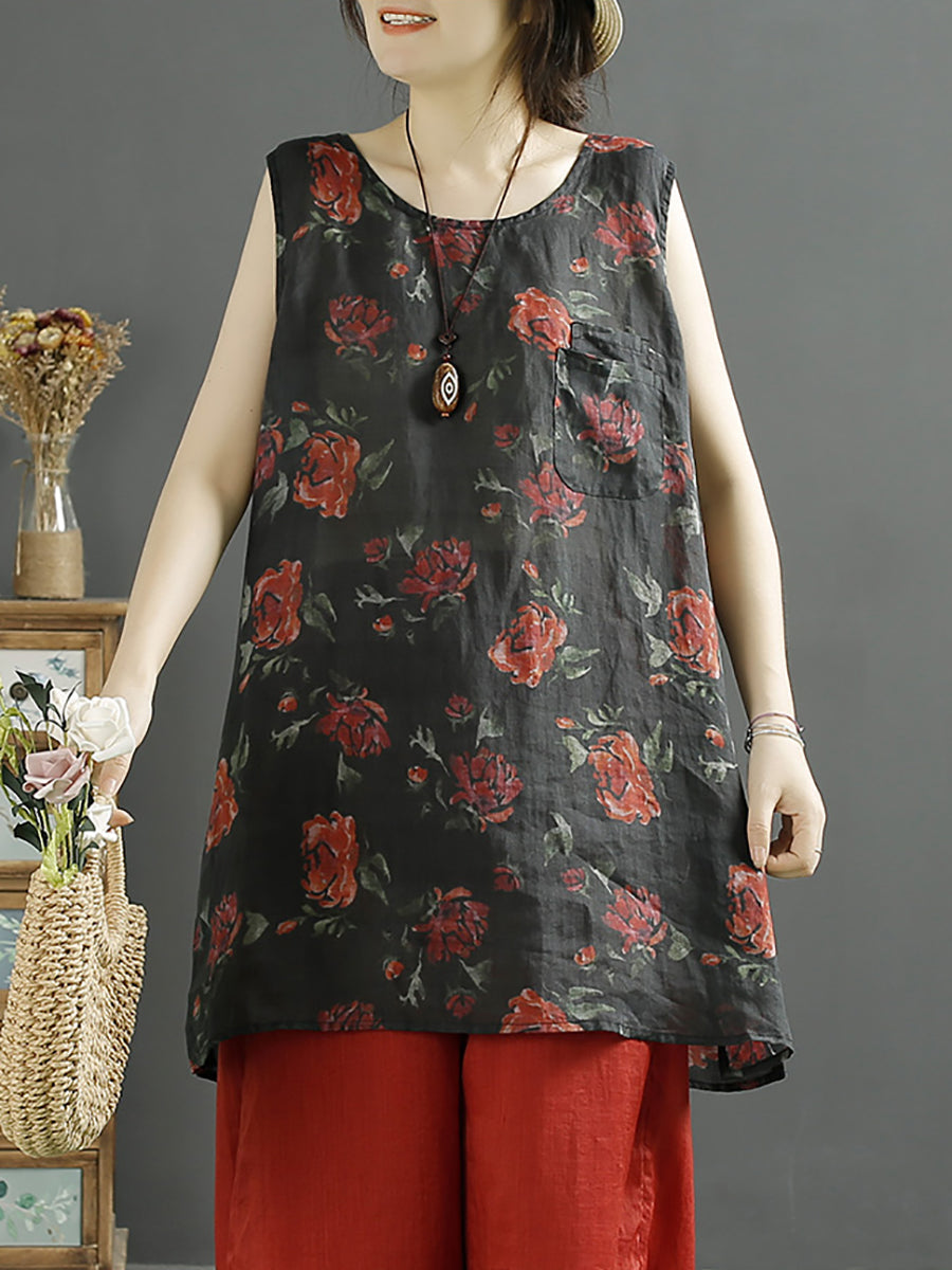 Women Artsy Summer Floral Print Ramie Vest
