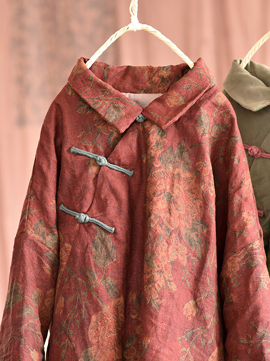 Women Ethnic Print Linen Padded Coat