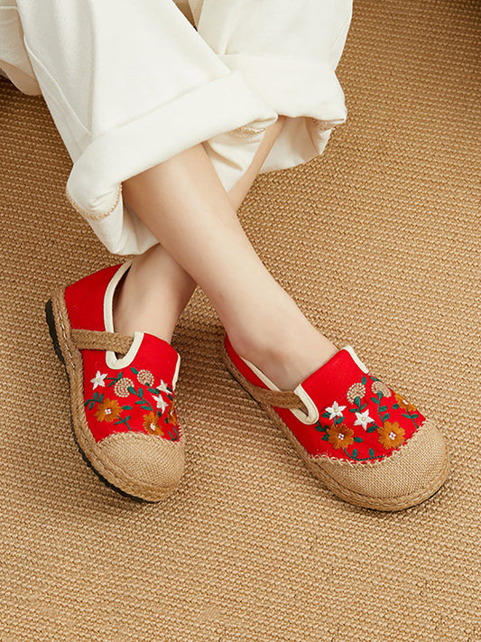 Chaussures de paille épissées en lin brodé de fleurs d'été pour femmes