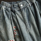 Women Spring Vintage Flower Embroidery Denim Pants