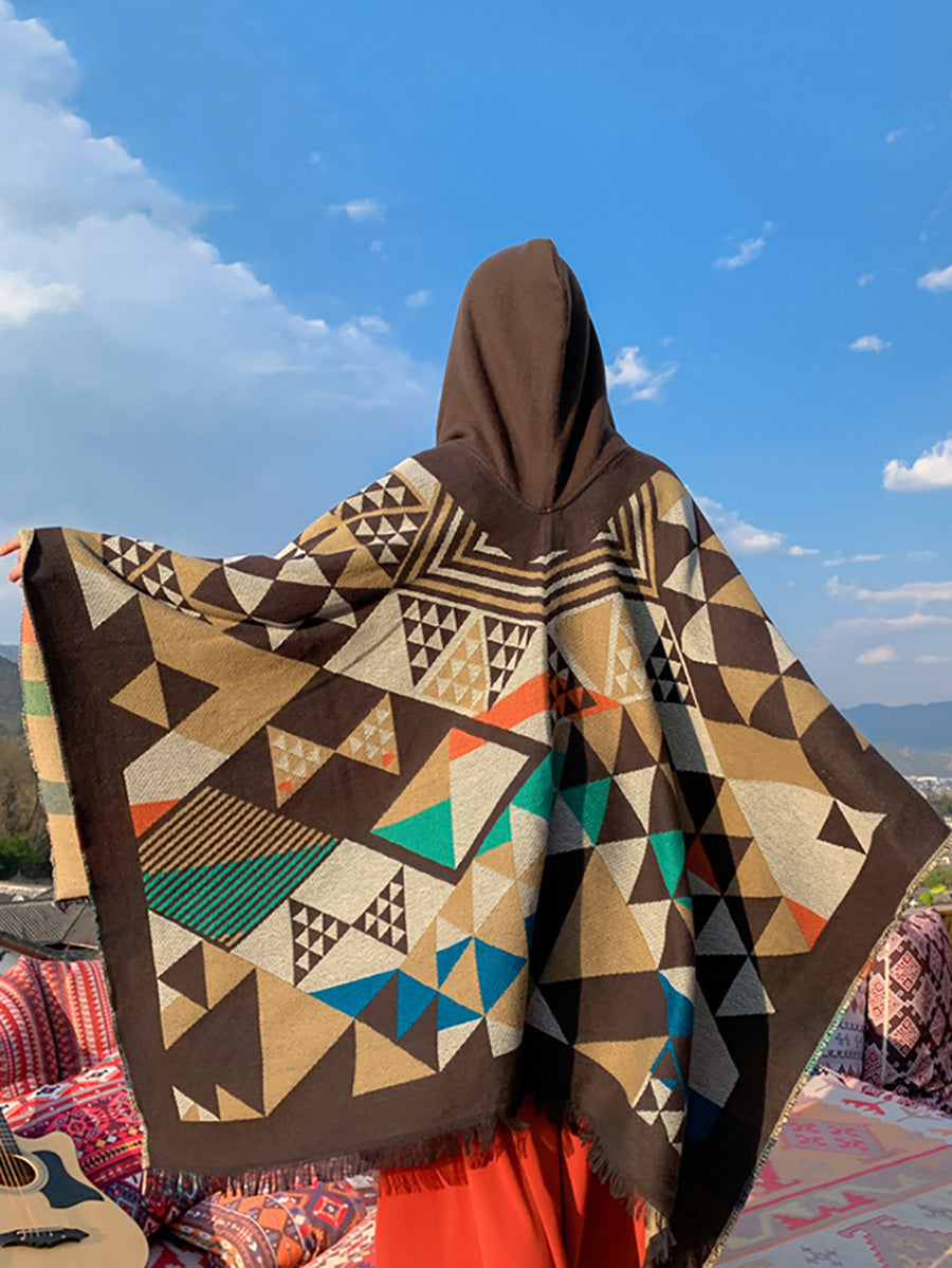 Women Ethnic Triangle Spliced Hooded Shawl