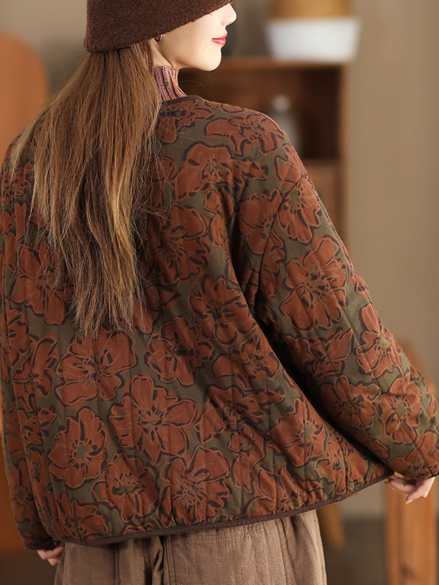 Women Vintage Floral Pocket Cotton Padded Jacket