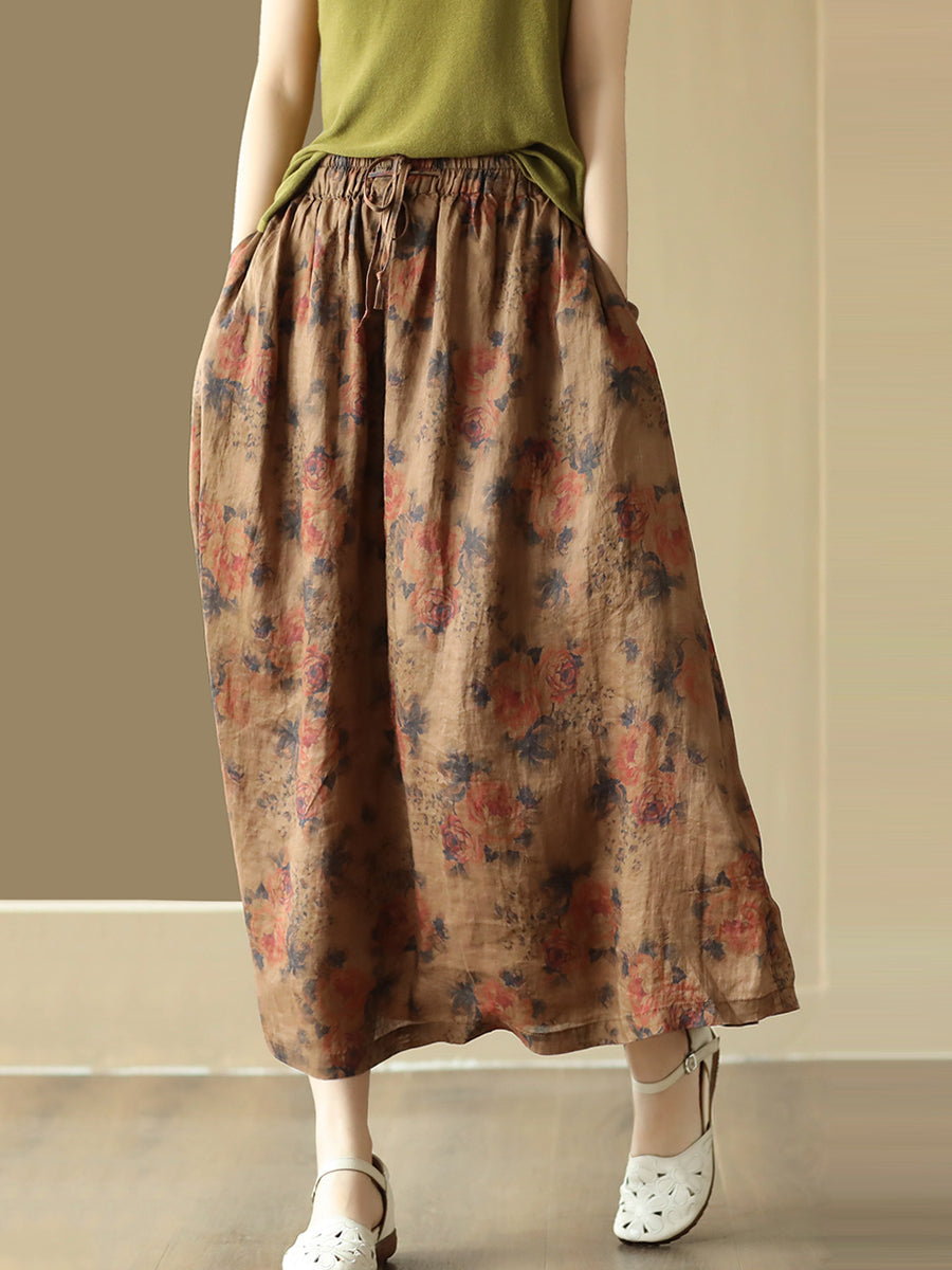 Women Vintage Summer Flower Drawstring Pocket Ramie Skirt