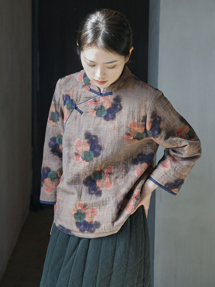 Women Ethnic Flower Winter Cotton Padded Coat