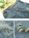 Women Retro Flower Embroidery Spliced Worn Skirt