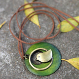 Cute Metal Bird Shape Round Wood Pendant Necklace