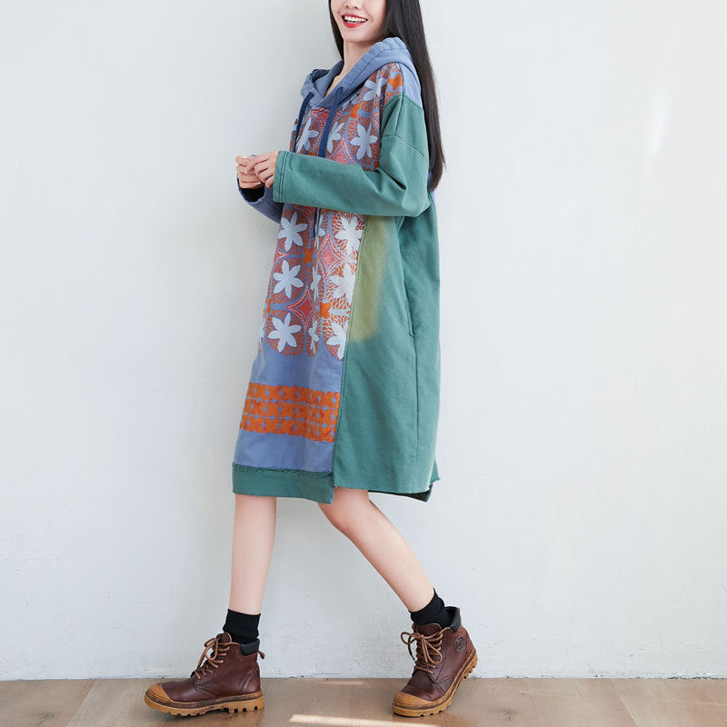 Literary Stitching Hooded Contrast Color Asymmetric Large Dress