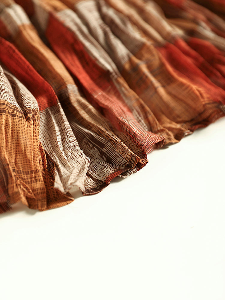 Women Bohemian Pleat Spliced Colorblock Layered Skirt