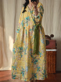 Women Vintage Flower Drwastring V-Neck Loose Ramie Dress
