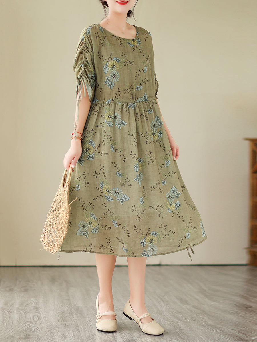Women Summer Vintage Flower Drawstring Pleat Ramie Dress