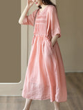 Women Artsy Draped Drawstring Solid 100%Ramie Dress