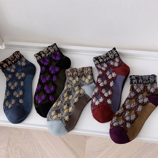 5 paires de chaussettes jacquard à fleurs vintage de printemps