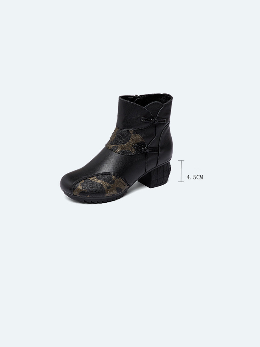Women Vintage Winter Leather Flower Spliced Ankle Boots