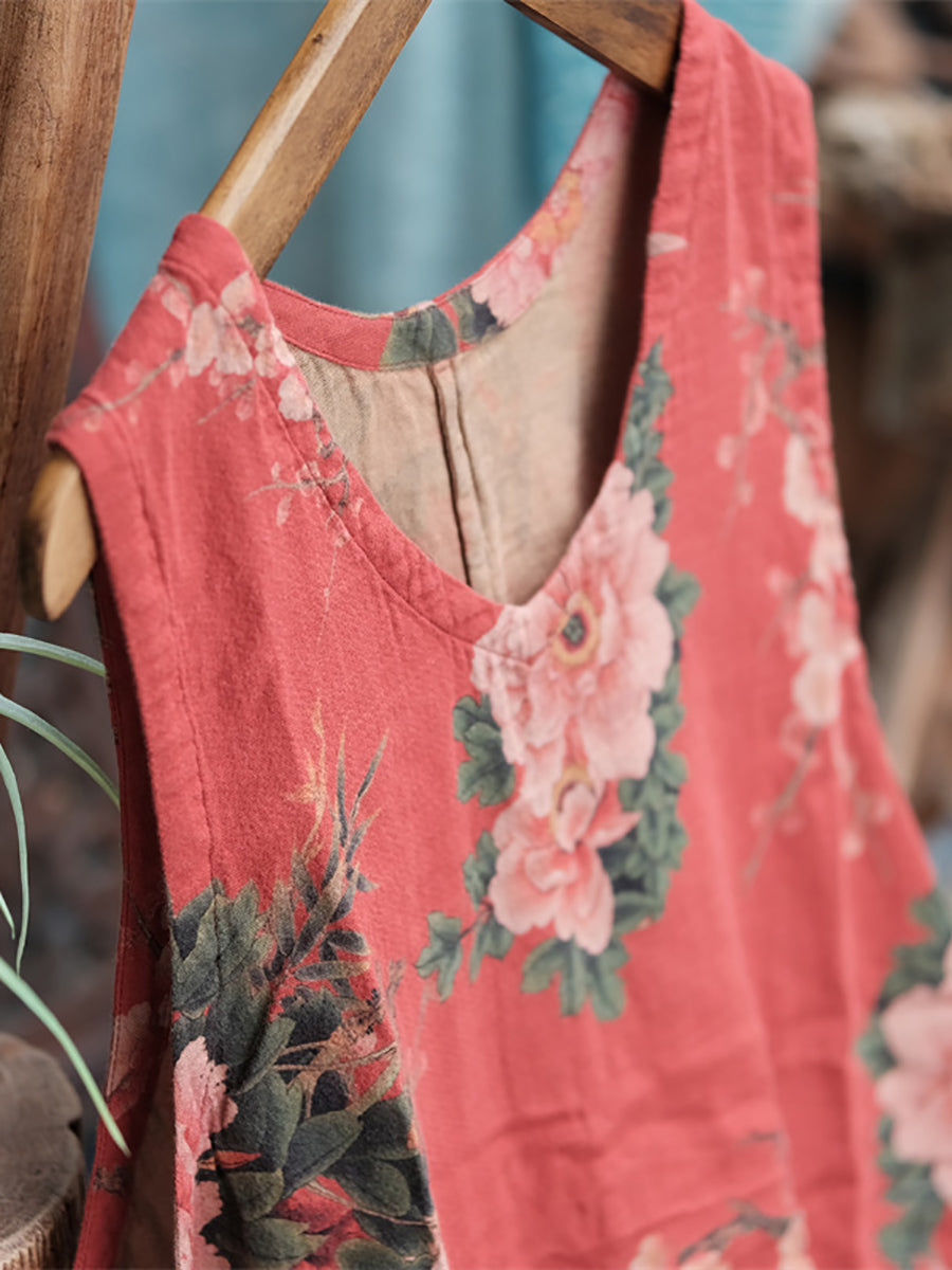 Robe d'été en coton pour femmes, gilet à cordon de serrage, fleur Vintage