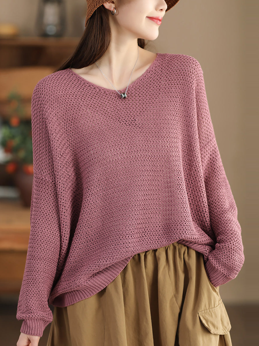 Women Spring Cotton Knitted V-neck Solid Casual Sweatshirt