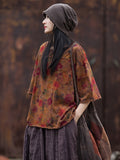 Women Summer Retro Floral Pocket Stitching Hemming Shirt