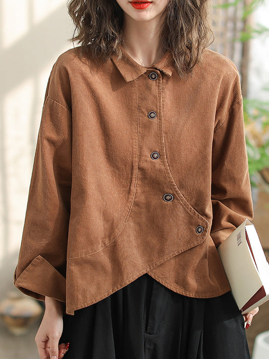 Women Vintage Spring Slant-Closure Solid Shirt