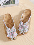 Women Indoor Straw Spliced Floral Bowknot Slippers