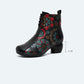 Women Retro Leather Flower Print Chunky Heel Boots