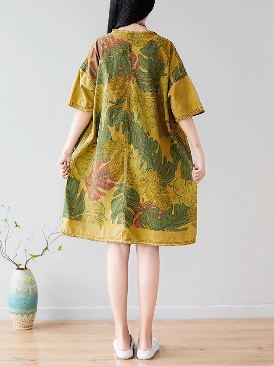Women Summer Artsy Leaf Raw-edge Loose Cotton Dress