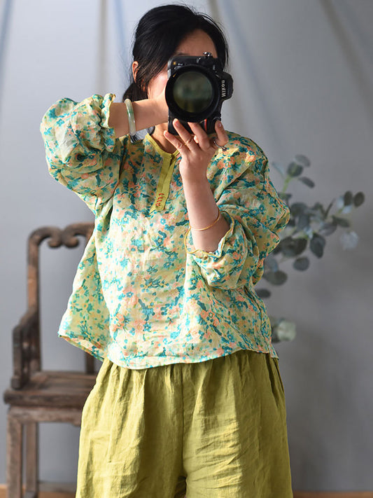 Women Ethnic Spring Flower Print V-Neck Ramie Shirt