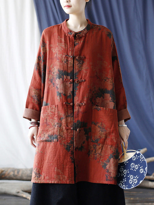 Women Vintage Red Flower Cotton Linen Long Shirt