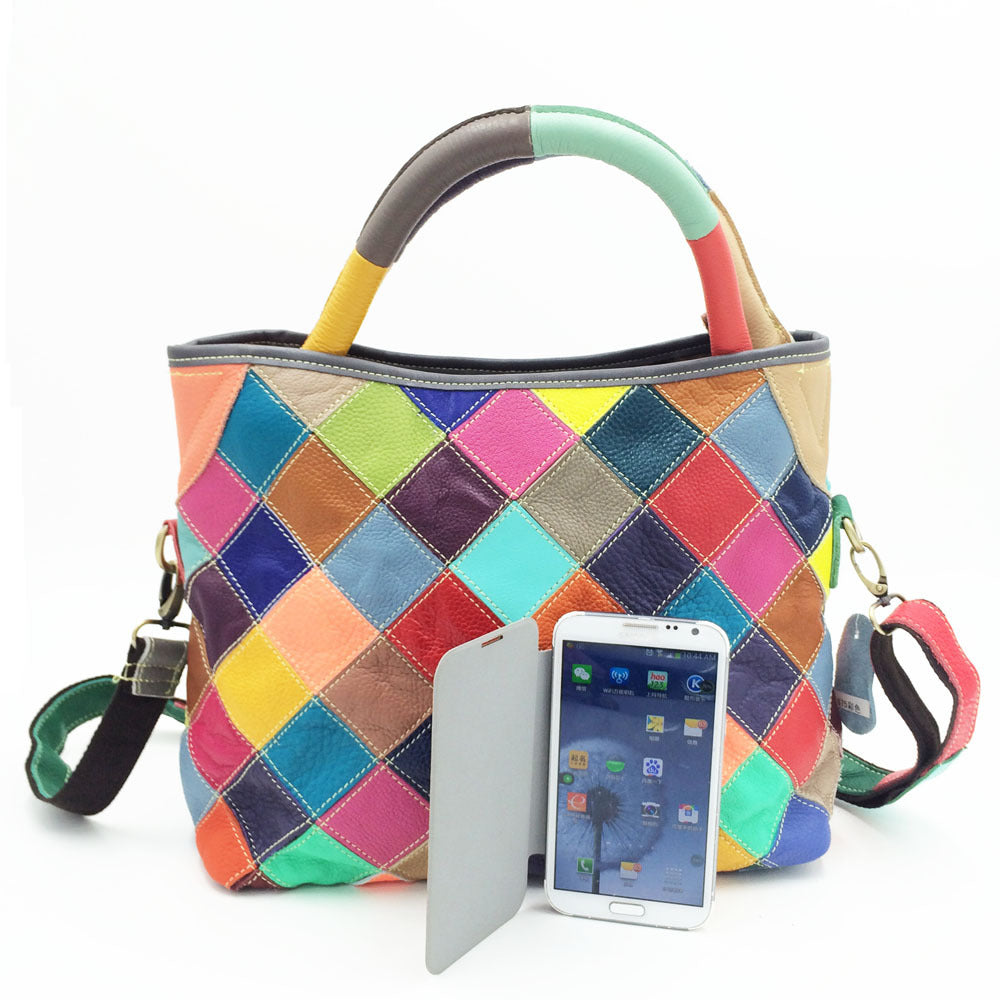 Rhombus Color Matching Cowhide Handbag Genuine Leather Bag