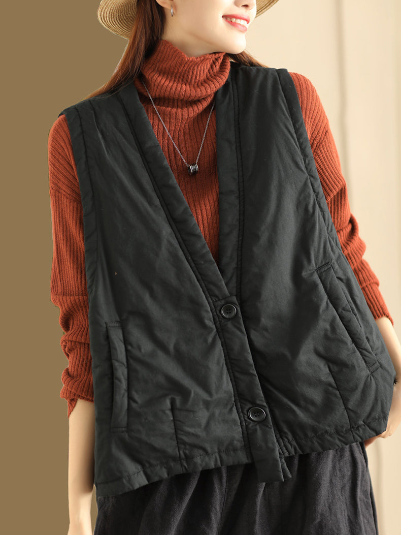 Women Vintage Solid Autumn Warm Vest Coat