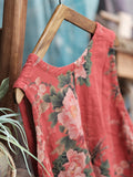 Women Summer Vintage Flower Drawstring Vest Cotton Dress